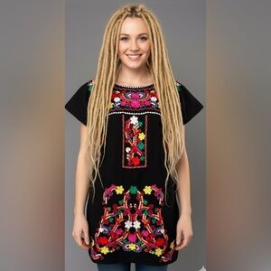 YZXDORWJ Black Multi-Colored Embroidery Mexican Boho Short Peasant Dress Small